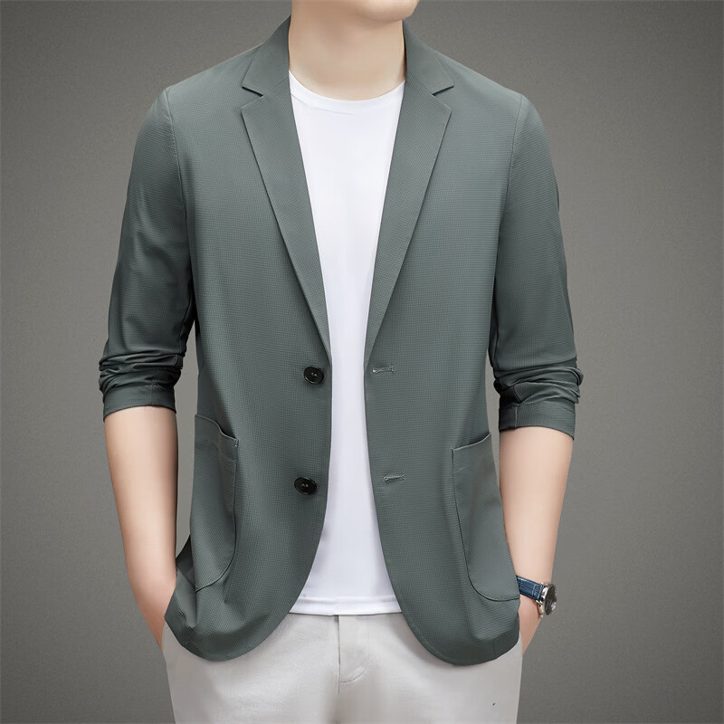 2026夏季薄款男士西服外套商务休闲上衣西装外套男 灰绿 2XL 【建议体重160-180斤左右】