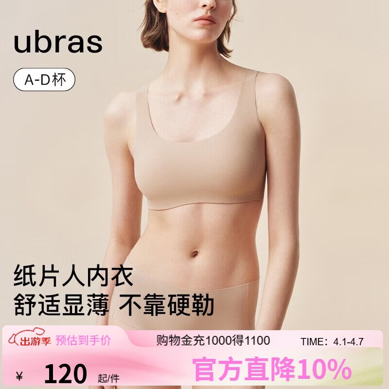 ubras无尺码小奶皮纸片人内衣显瘦显薄无痕隐形背心文胸女隐形肤标准