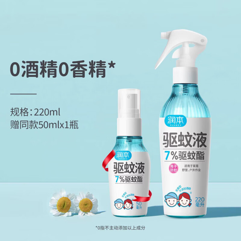 润本驱蚊喷雾驱蚊液户外专用防蚊喷雾驱蚊酯防蚊水花露水方便携带 【80%家庭】驱蚊喷雾220ml 赠同款50ml