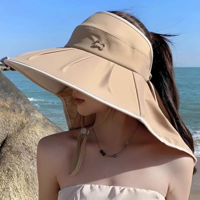 DFBK防晒帽女大檐遮脸披肩夏季太阳骑行户外空顶遮阳登山帽子 黑色 布款加大帽檐-加长披肩40℃晒不黑防皮肤光老化 均码