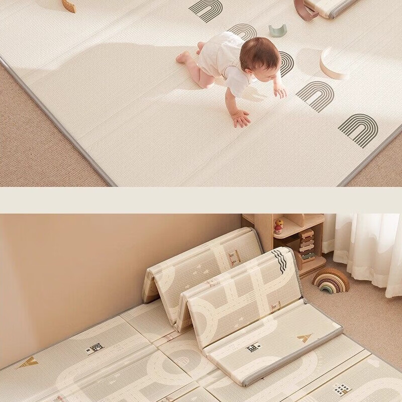 MPPMCK贝易折叠宝宝爬爬垫婴儿加厚家用无甲醛早教中心加厚爬行PU覆膜垫 便携易收纳条纹彩虹+海湾轨道【双面XPE-包边】0甲醛XP 180*200*2cm厚