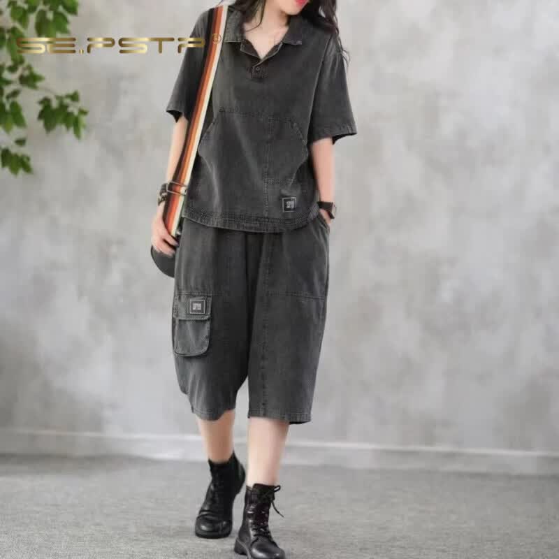 夏典素订女王(SE.PSTP)大码女装夏季牛仔套装宽松显瘦短袖减龄MM六分舒适通勤两件装潮流 蓝色套装 L 建议(120-140斤