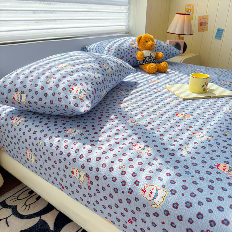 雅鹿A类双层纱床笠床罩单件席梦思床垫保护套罩宿舍全包床单四季通用 豹纹泡芙狗 【A类面料 软糯松软】 180x200cm床笠+枕套一对