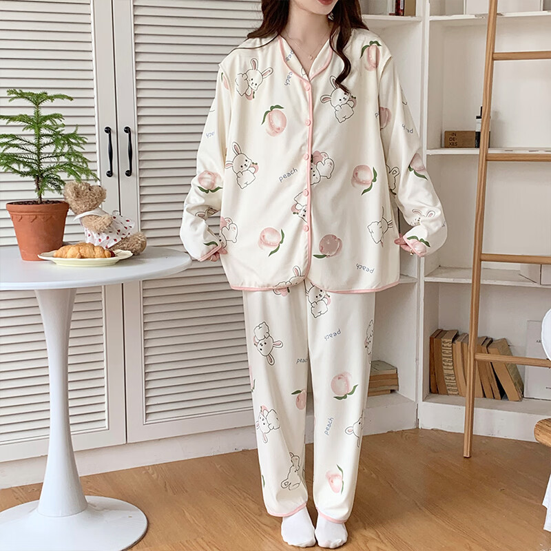 ROVO月子服孕妇睡衣套装可外穿产后哺乳衣夏季新款 粉桃小兔 L