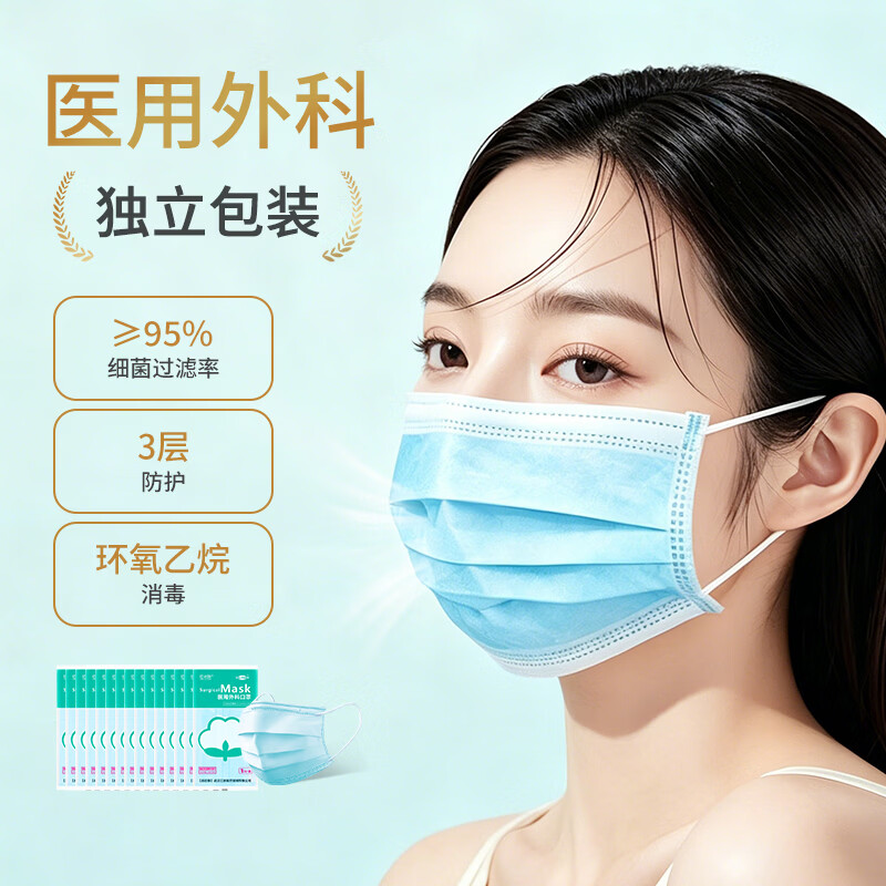 江赫一次性医用外科口罩挂耳式换季防细菌防甲流飞沫三层防护隔离病菌 独立包装【1只/袋 共100只】