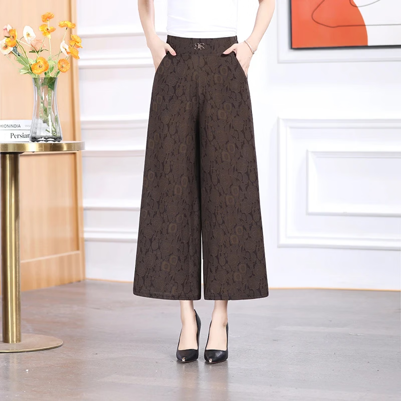 2026夏季新款中老年阔腿妈妈裤女高腰显瘦印花裙裤大码休闲裤子 咖色 4XL 建议体重（140-160）