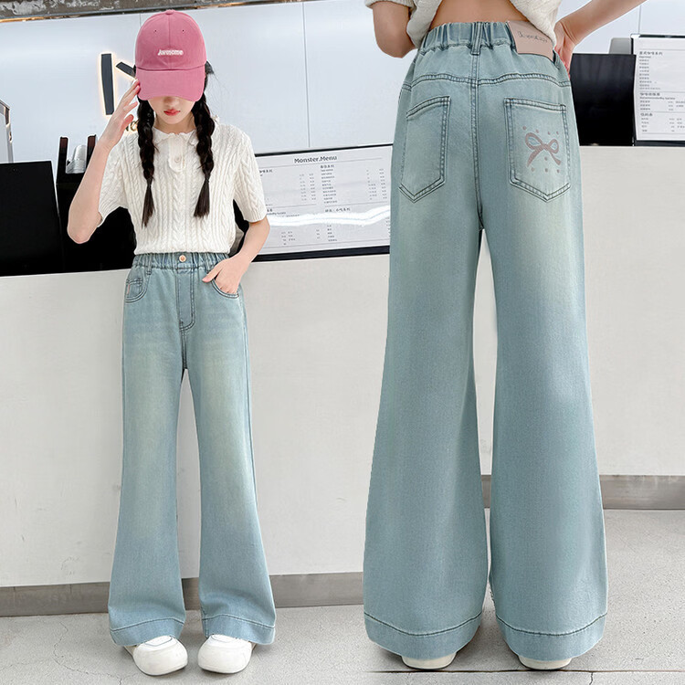 跨境薄款女童夏款天丝牛仔裤2025新款韩版中大童休闲洋气阔腿裤子 天丝阳光蝴蝶 170 cm