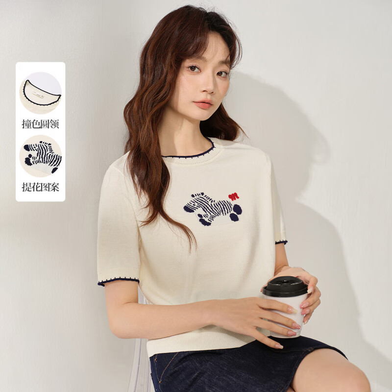 茵曼（INMAN）舒适撞色牛马提花短袖针织衫女2025夏季新款百搭宽松薄款上衣 浅黄色 M