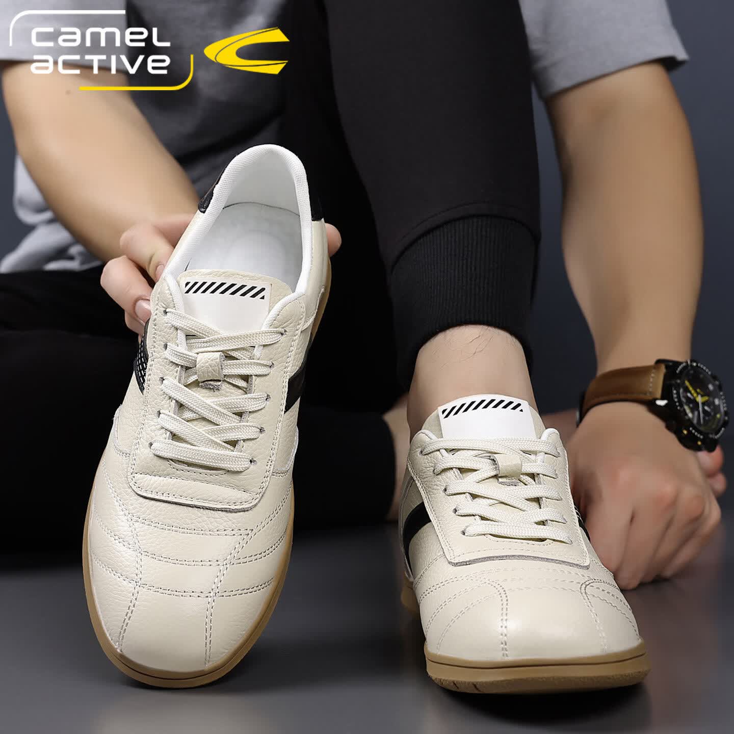 骆驼动感(camel active)男士休闲鞋2026春夏透气舒适德训鞋真皮时尚百搭小白鞋男软底轻便 白色 40 (250mm)