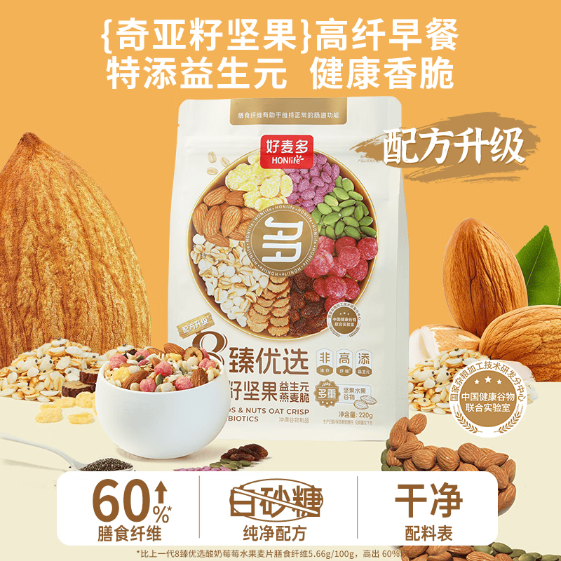 好麦多【渠专】酸奶坚果水果燕麦脆片冷泡奇亚籽即食早餐饱腹代早餐即食 8臻优选奇亚籽坚果220g*1袋
