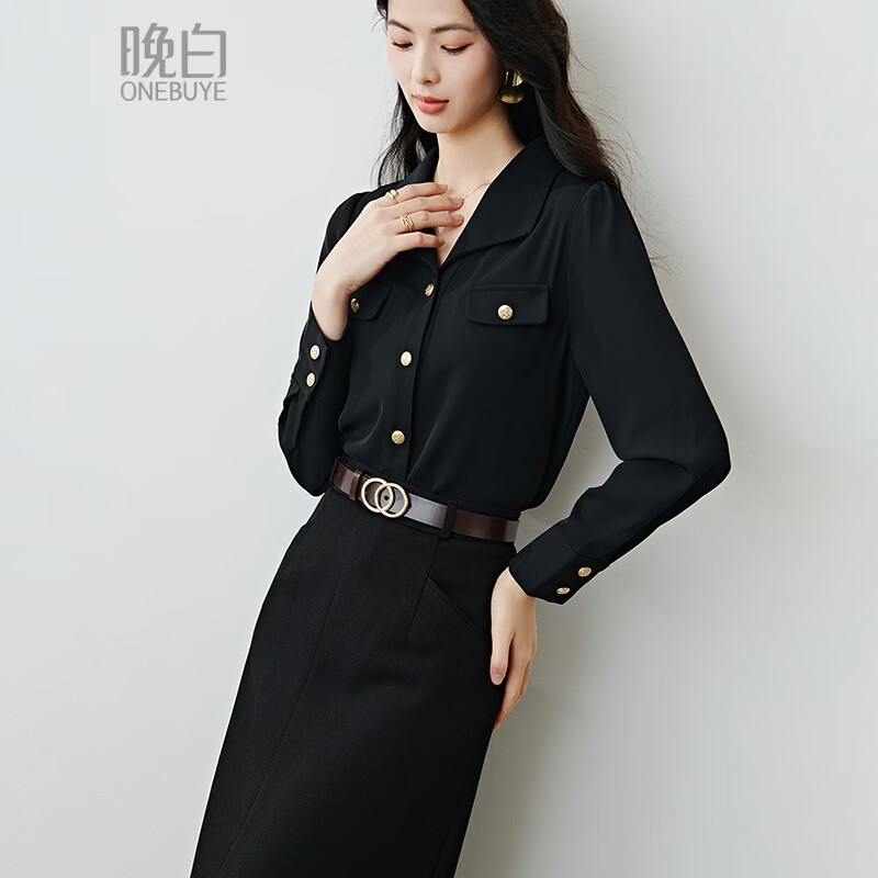 晚白【新品】2026年春款气质翻领上衣垂顺抗皱利落干练通勤衬衫女 黑色 XL
