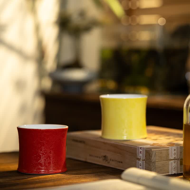 jdz景德镇主人杯纯手工品茗杯渐变扒花茶杯咖啡杯酒杯高端送礼旋转杯 赭黄