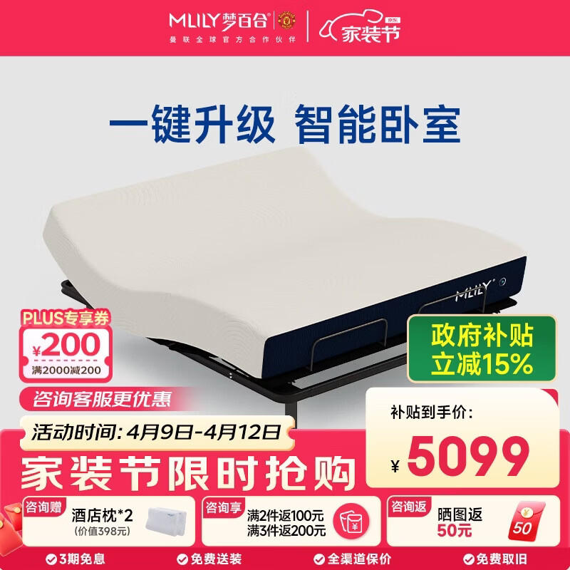 梦百合国民家居联名款智能床 可升降电动床无床头【M1+快充s】1.8米*2米