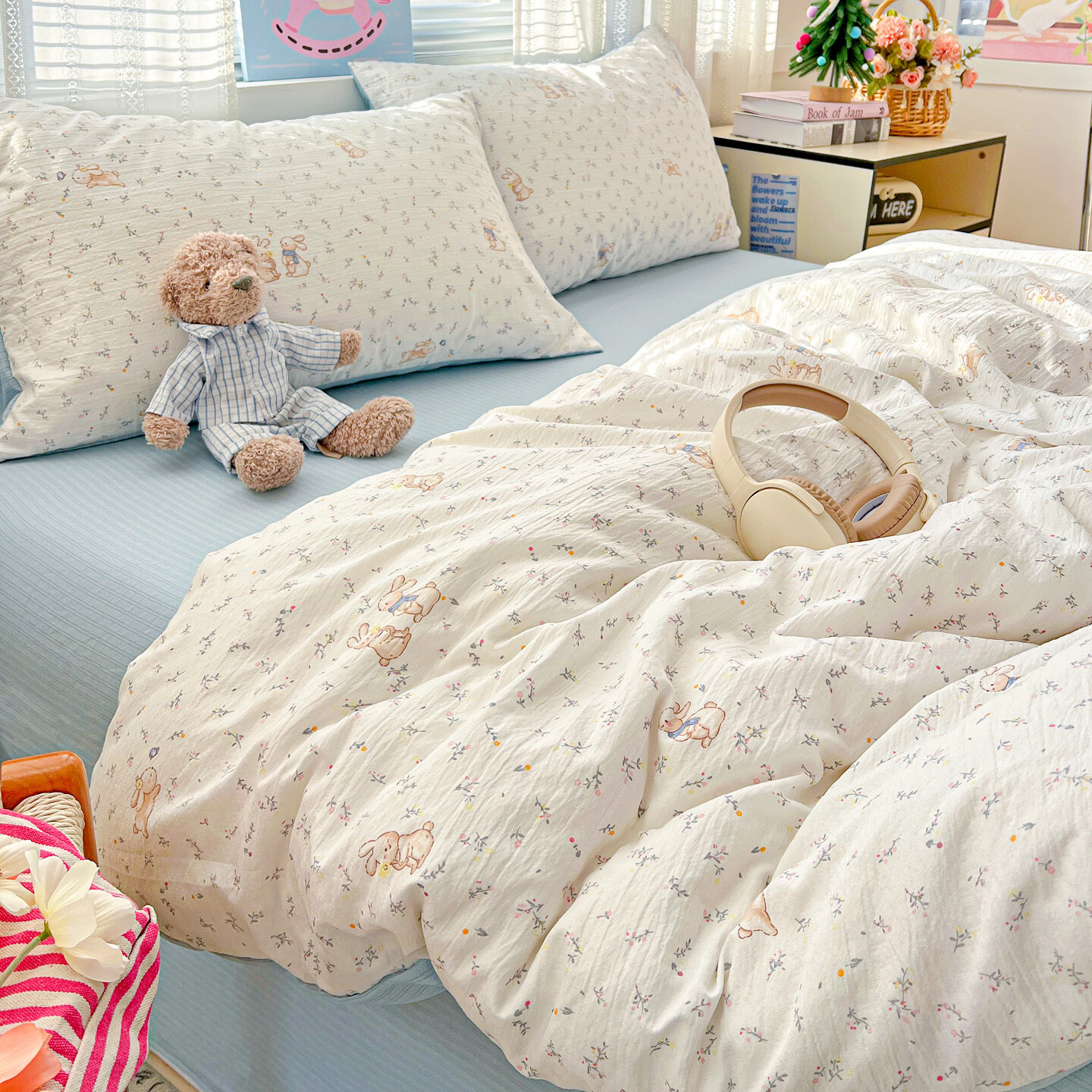 雅鹿A类四件套水洗棉床单被套双层纱母婴级床上用品学生宿舍三件套4 花园派对 1.5/1.8四件套 床单款 （被套200*230）