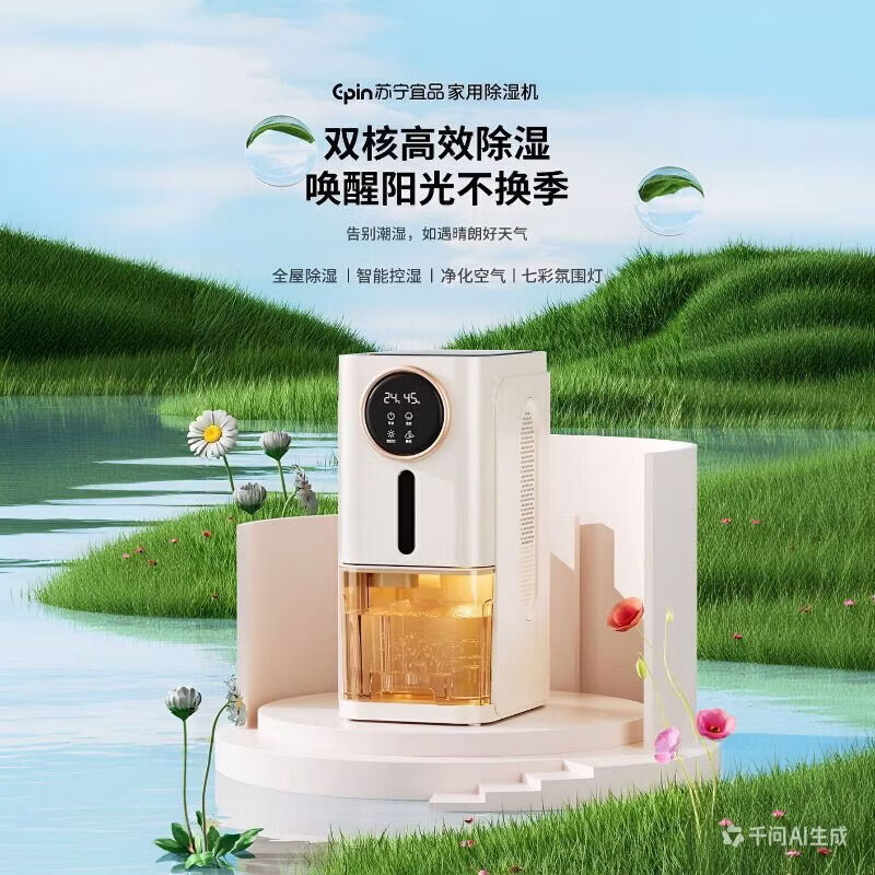 苏宁宜品 除湿机家用吸湿室内静音小型回南天卧室抽湿除潮干燥神器 1L/天 旗舰款Pro【双核数显+双排水+净化空气】