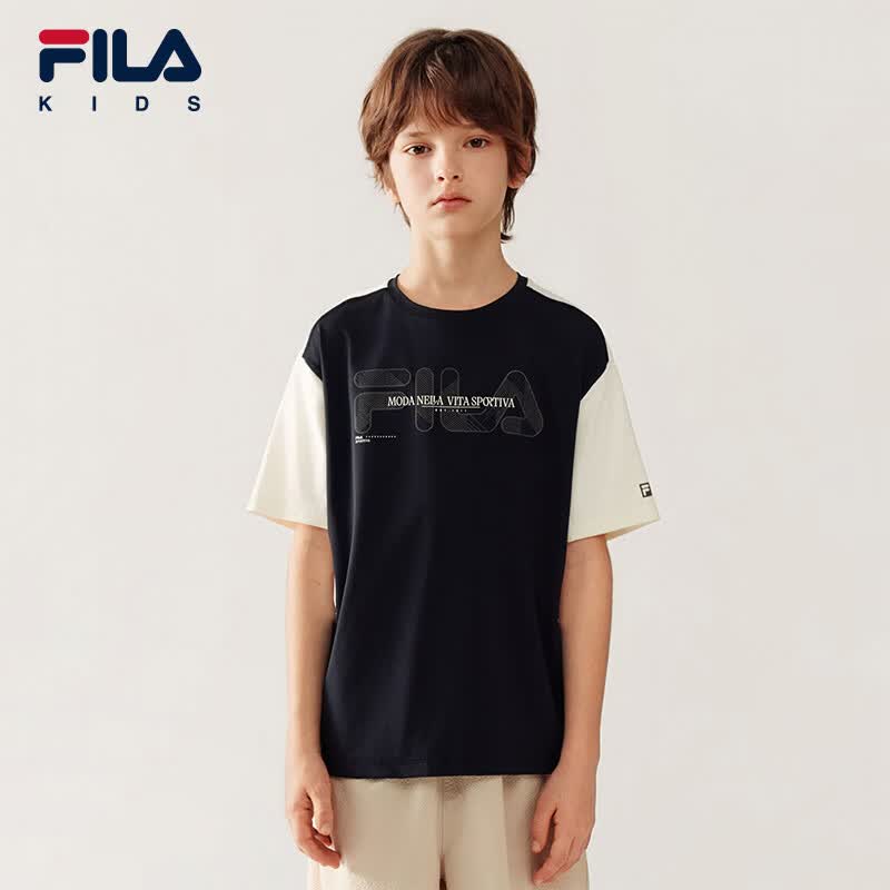 FILA斐乐儿童童装短袖T恤2026年夏季新款男中大童运动风圆领上衣 深黑-BK 140
