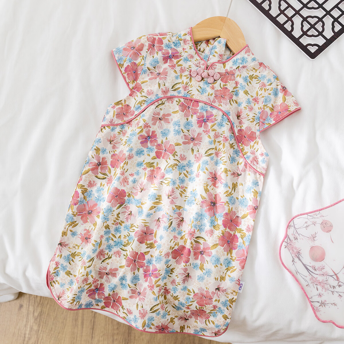 婴尚26夏女童连衣裙儿童中大童新中式旗袍国风汉服中国风唐装连衣裙 藕粉色 YQ242335 140