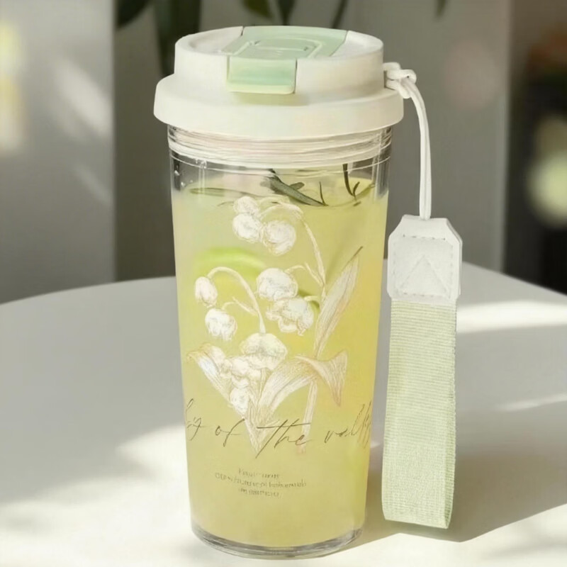 亚创优品+2026新款铃兰水杯女生高颜值塑料便携式小众简约吸管双饮随手杯子 铃兰白绿550ml食品级双饮杯+原装提绳 无规格