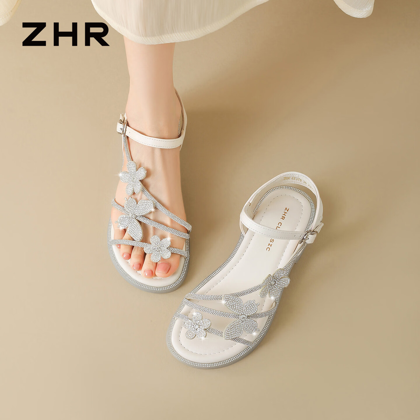 ZHR则则平底凉鞋女夏季新款蝴蝶结外穿女鞋优雅水钻凉拖鞋女AY378米色37