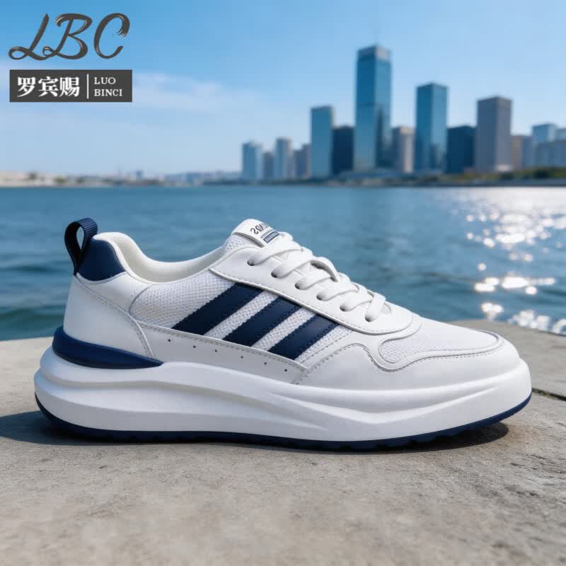 罗宾赐品牌轻奢男鞋2026新款真皮网面透气潮流休闲鞋男士百搭运动鞋子男 白蓝【网面透气】-高端男鞋 39
