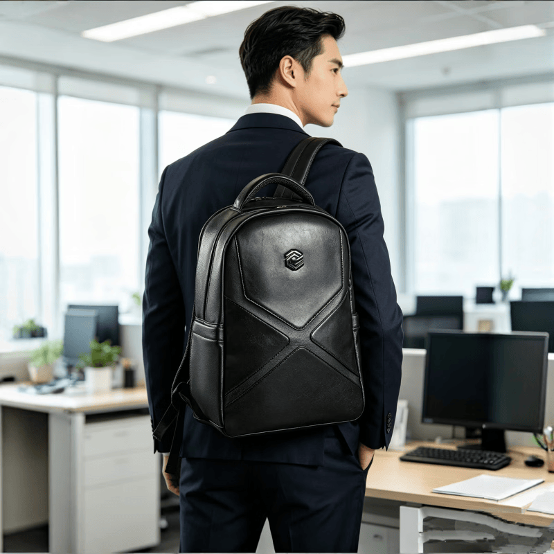 CHUMYUM男士背包真皮商务双肩包通勤电脑包旅行出差大容量背包学生书包 黑色 经典款