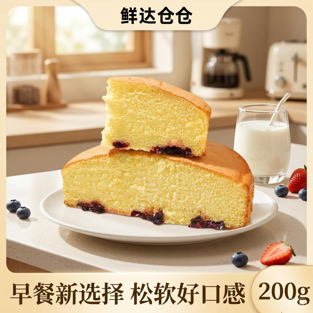 鲜达仓仓戚风蛋糕牛奶软蛋糕早餐软面包手工DIY蛋糕胚半成品200g糕点零食 原味1盒+蓝莓味1盒