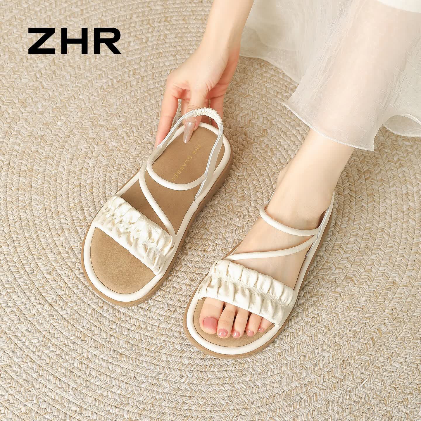 ZHR则则一字带凉鞋女平底2026新款夏季外穿仙女风配裙子凉拖 IZ31米色38