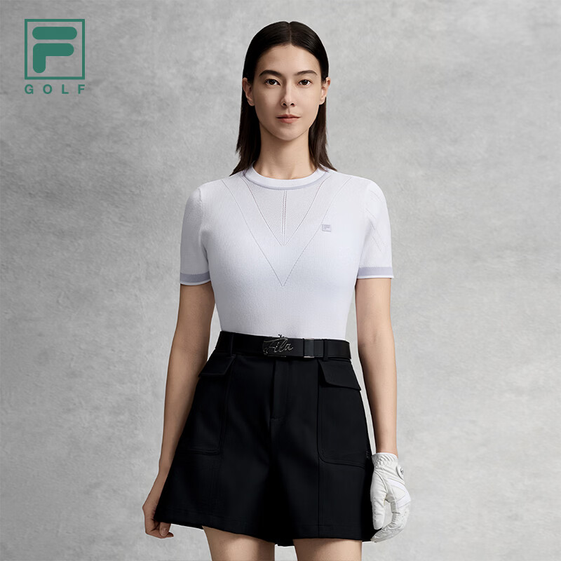 FILA 斐乐官方女子编织衫2026夏新款高尔夫运动简约修身短袖上衣 玉石白-WT S 160/80A/S