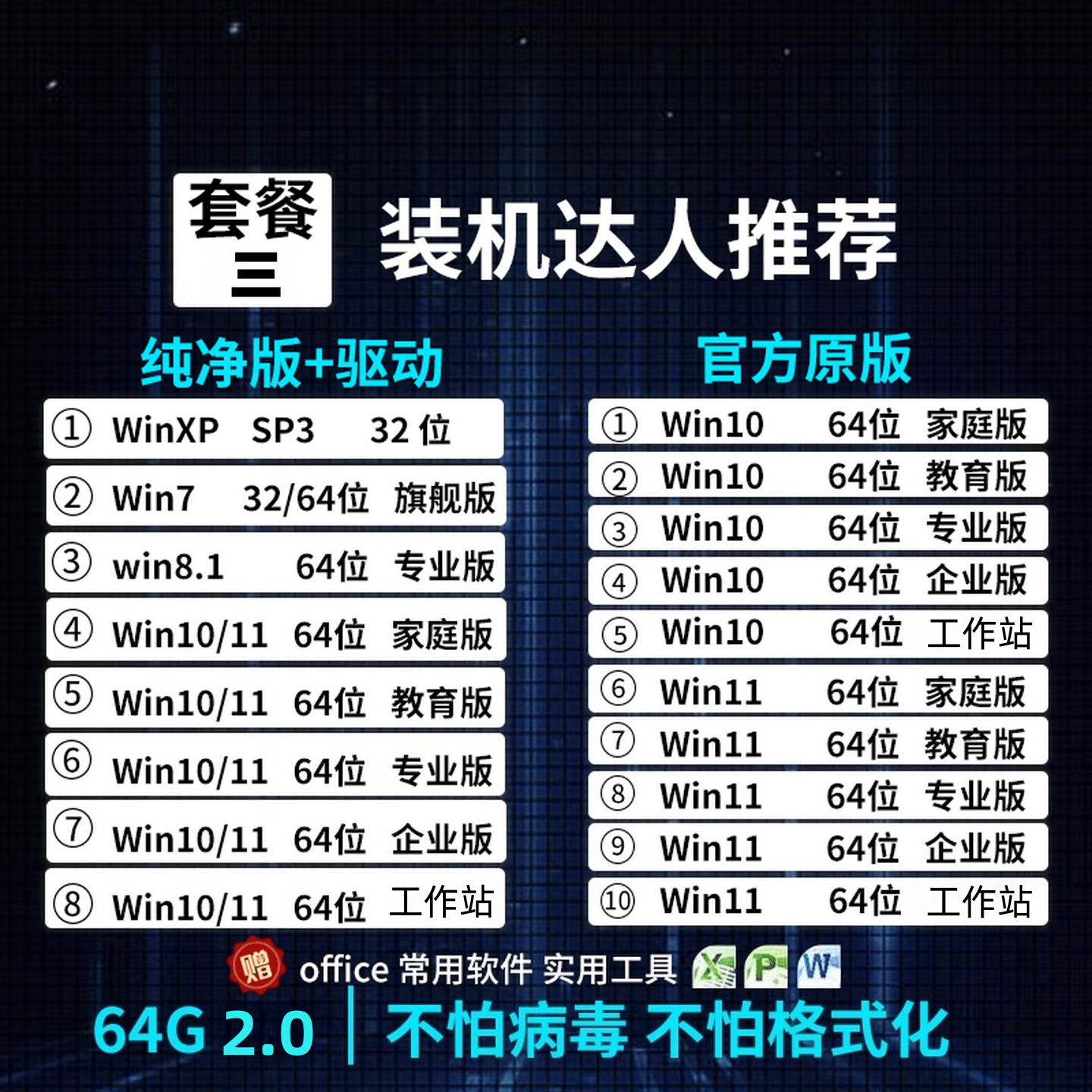 系统u盘3.0 64G一键装机win10专业版win11/win7原版系统纯净版新老电脑维修远程指导 64G 2.0纯净+驱动+原版15个版本