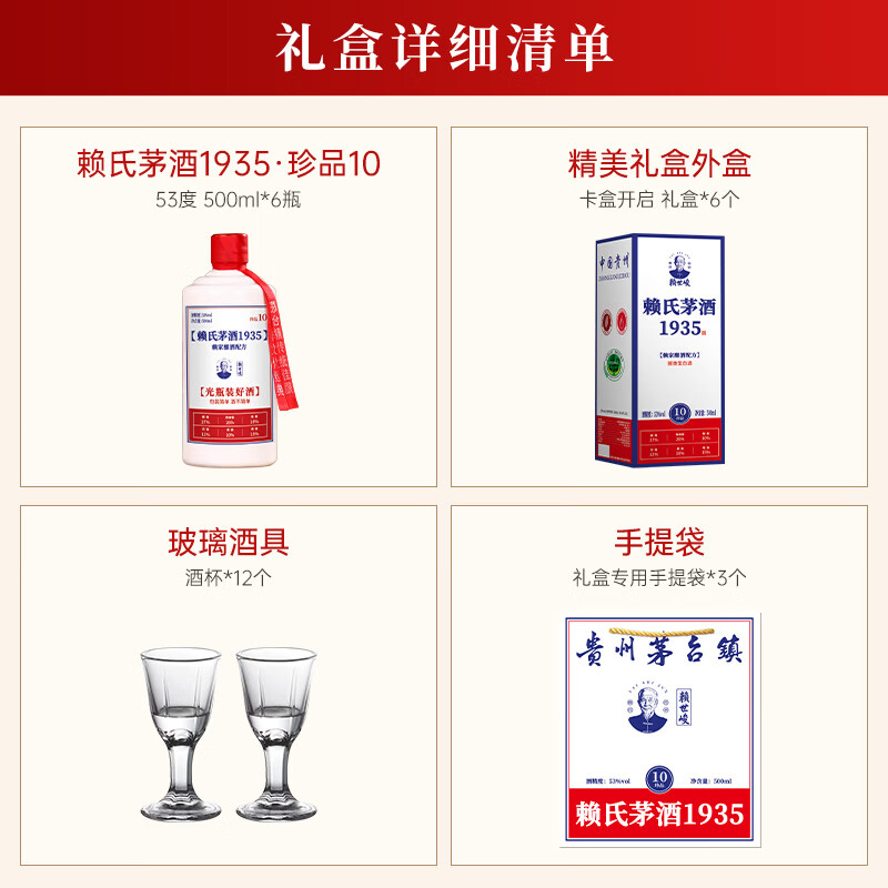 赖世峻贵州茅台镇 酱香型白酒 赖氏茅酒1935 纯粮食酿造 坤沙高粱酒整箱 53度 500mL 6瓶 珍品10酒(礼盒带12个酒杯)