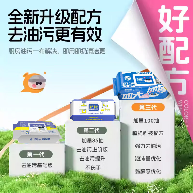 家和煜厨房湿巾超大包100抽家用油烟机清洁强力去油污湿纸巾加厚湿抹布 超大包厨房湿巾 1层 100抽*10包