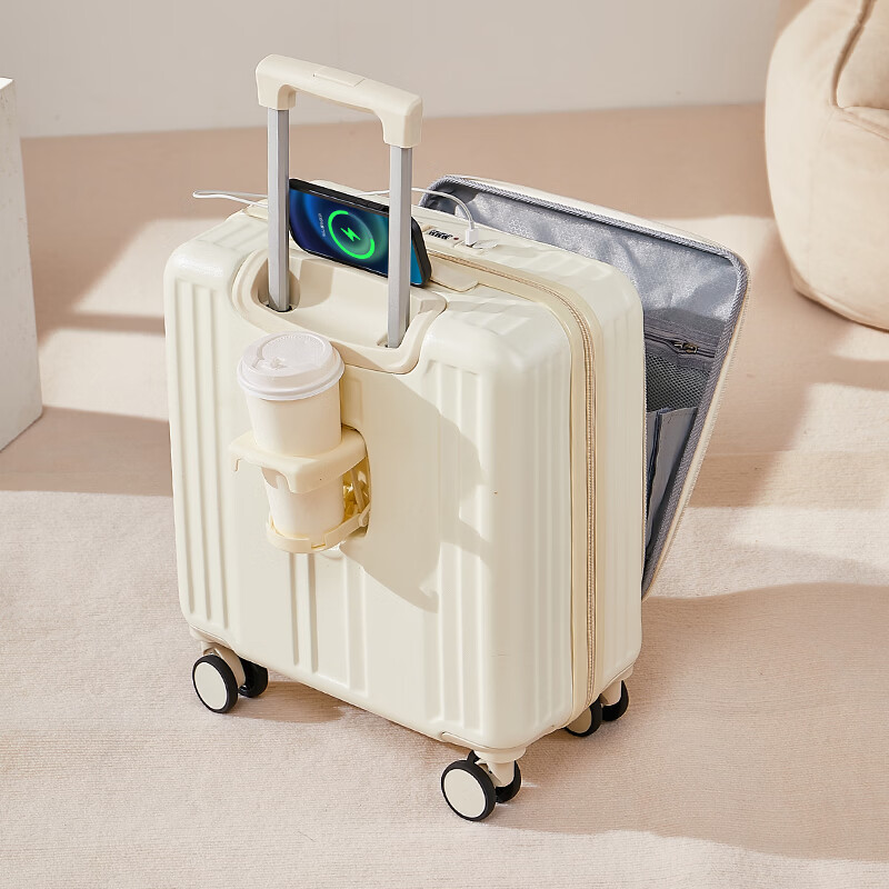 广璐迪（GUANG LU DI）前开盖小行李箱可上飞机拉杆箱万向轮男登机箱18女密码箱包耐用 米白色【USB/Type-c双充电口】 18英寸 登机箱+干湿分离+杯架