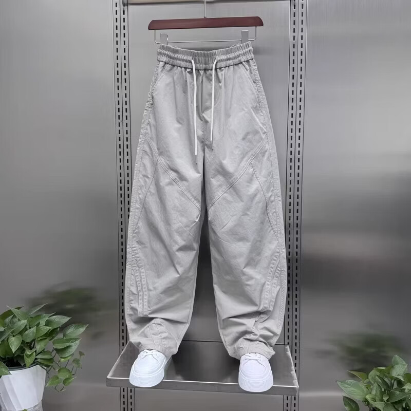 2026春夏季薄款拼条休闲裤男士宽松百搭哈伦裤时尚潮流直筒裤WXH 浅灰色 3XL (建议170-185斤)
