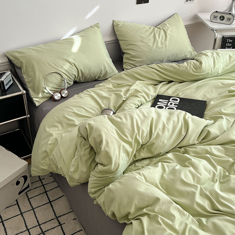 雅鹿ins简约水洗棉被套床单被罩学生宿舍三件套150x200双人纯色四件套 绿浅灰【10A抗菌 可裸睡】 2.0床单四件套 床单款 (被套200*230cm)