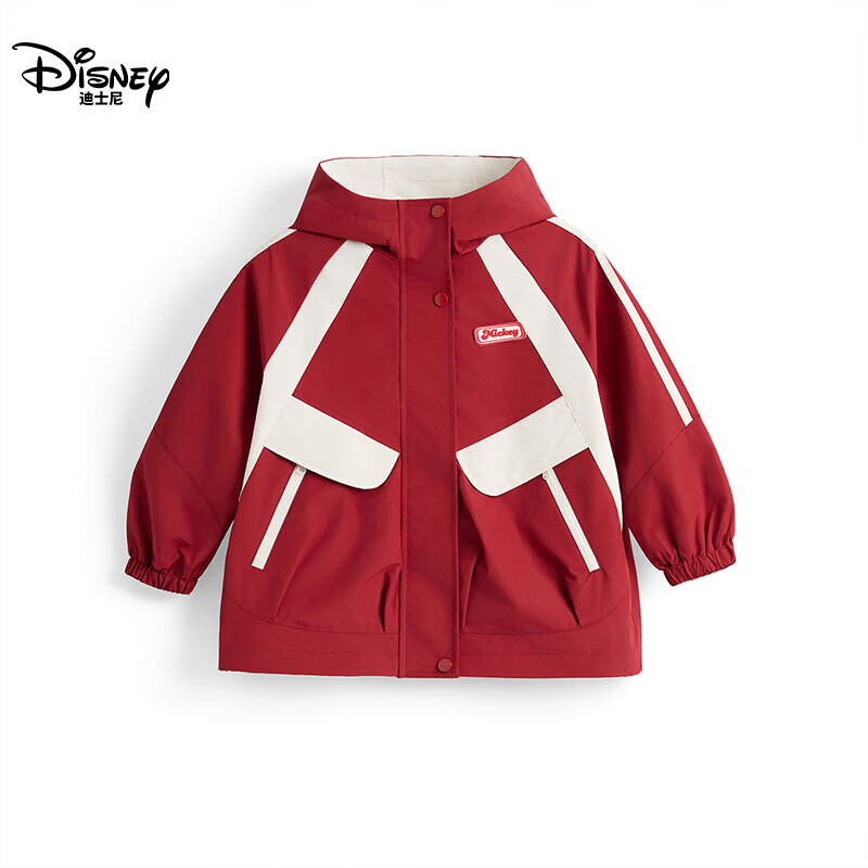 迪士尼(Disney)童装儿童外套上衣2026春季新款男女童防水风衣宝宝户外撞色软壳衣 红色 160