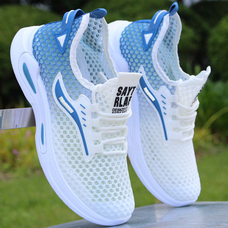 2026新款夏季男网鞋透气镂空运动鞋潮流百搭厚底休闲飞织鞋liu 白蓝色 42