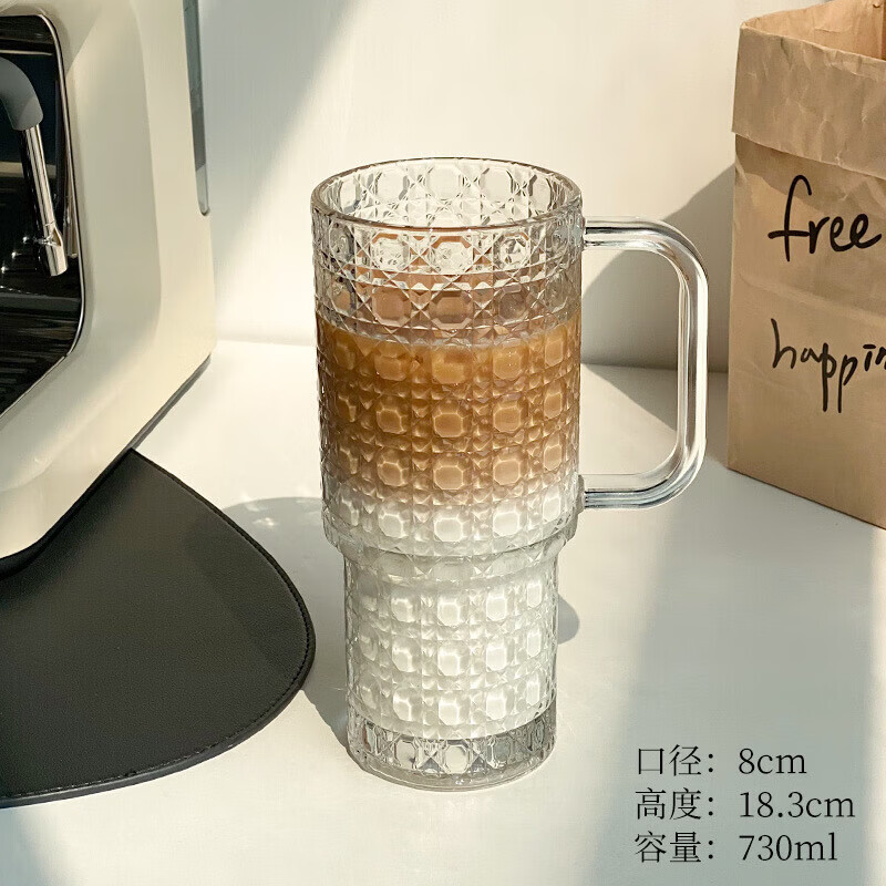 亚创优品+大容量玻璃吸管杯带把手冰美式拿铁咖啡杯果茶杯办公室带盖水杯子 宝石纹单杯