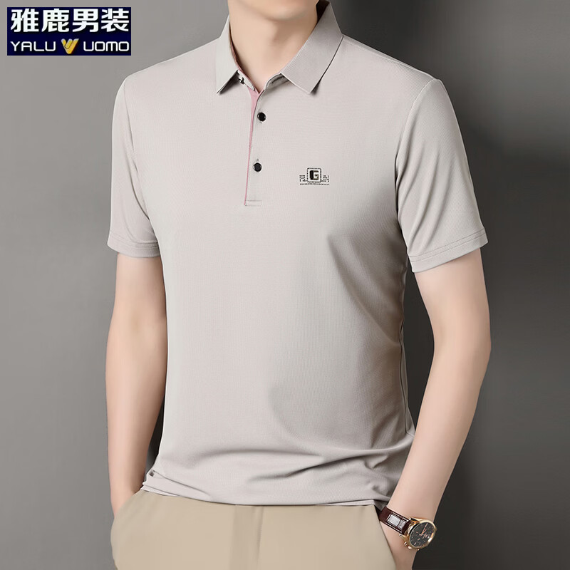 雅鹿长袖t恤男秋季新款翻领印花宽松男士polo中老年爸爸装上衣 米白-短袖 XL (175)(建议135-150斤)