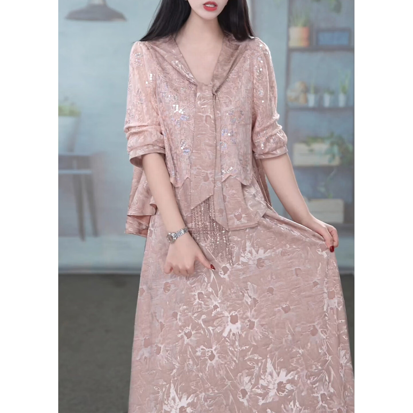 香影芬洋气V领五分袖两件套连衣裙女2026年春夏新款妈妈提花半身裙套装 图片色 4XL (建议141-155斤) 京东折扣/优惠券