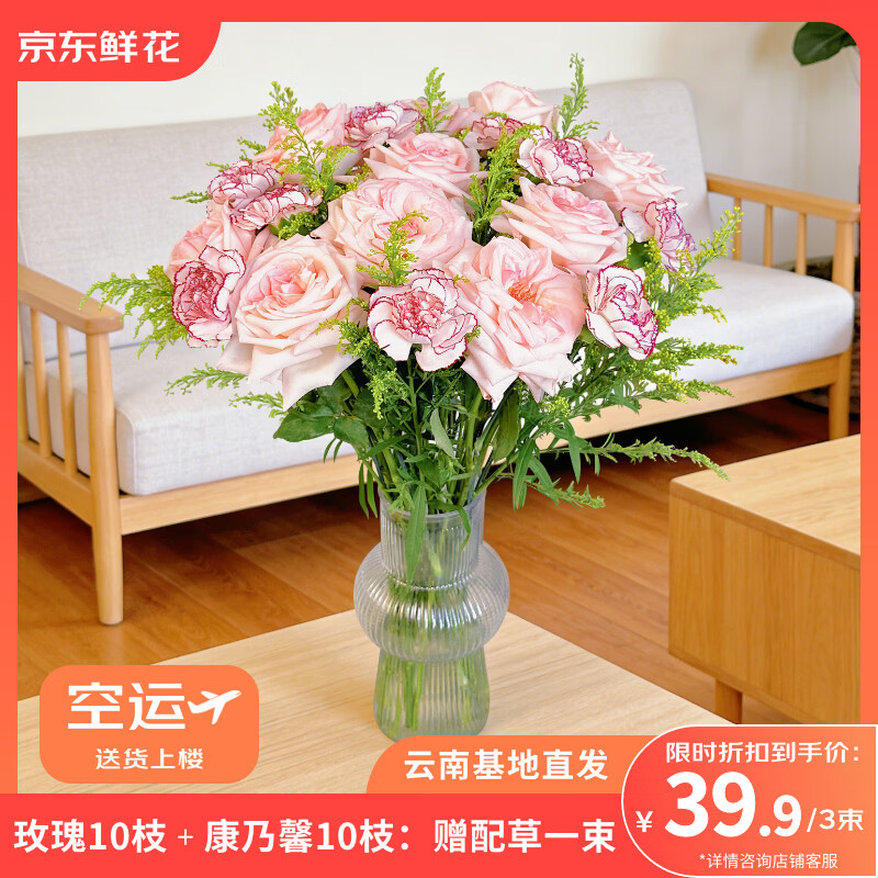 京东鲜花玫瑰10枝+随机色康乃馨10枝送配草3束鲜花节日礼物源头直发