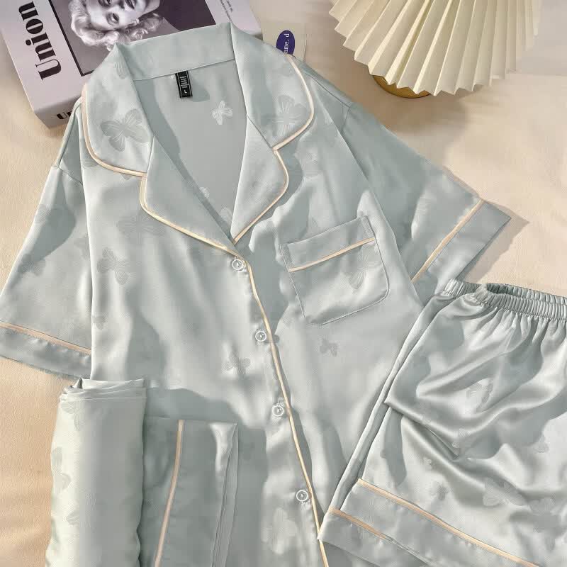 德莉娅2026新款女士真丝睡衣带胸垫桑蚕丝薄款家居服套装送女友闺蜜礼物 加胸垫水蓝色蝴蝶短袖+长裤 【真丝礼盒装】 M 【适合80-100斤】