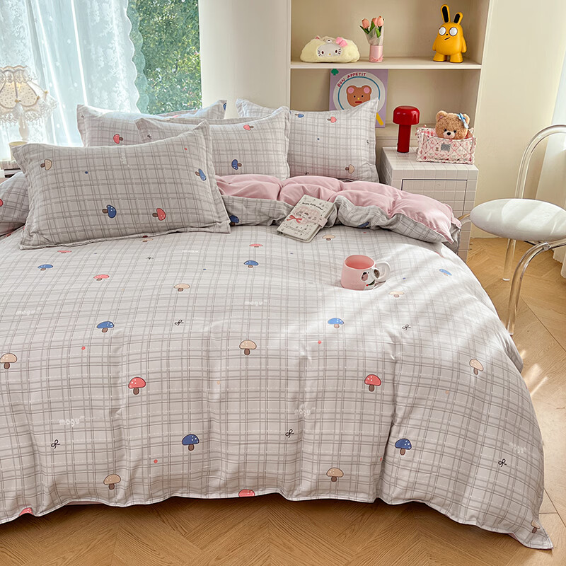 羽匠春季少女小清新印花四件套学生宿舍套件家用床单柔软四件套 蘑菇格 灰 床单款 床四件套(被套200*230cm)