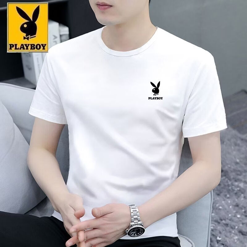 花花公子（PLAYBOY）新款男士短袖夏季印花时尚潮流T恤圆领修身上衣 白色+白色【两件装】 M 建议80-100斤