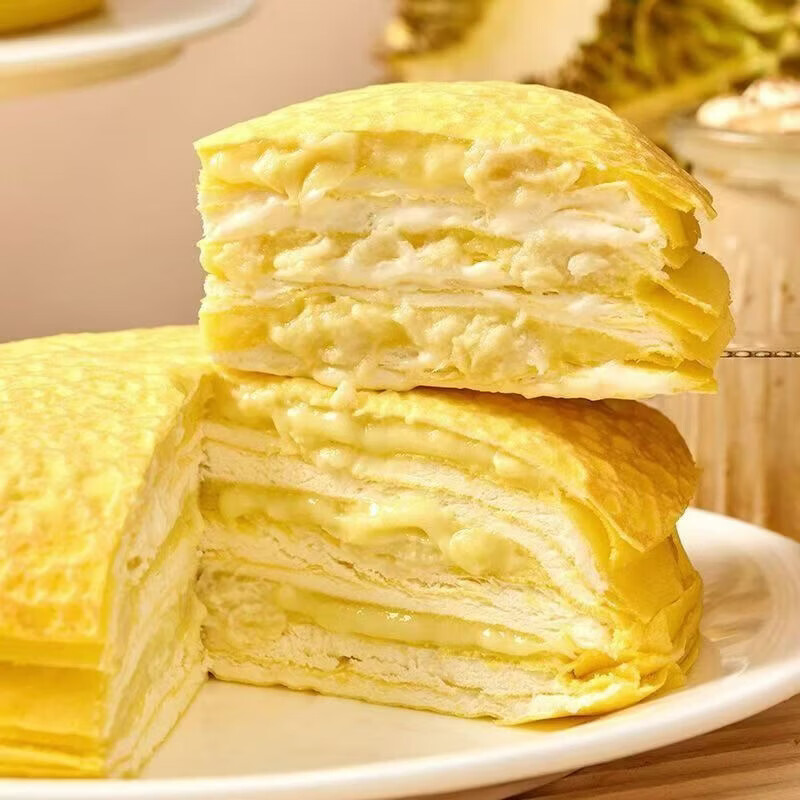 新鲜榴莲千层榴莲果肉泰国金枕榴莲千层蛋糕甜品下午茶休闲零食 新鲜金枕6寸榴莲千层400/盒*3