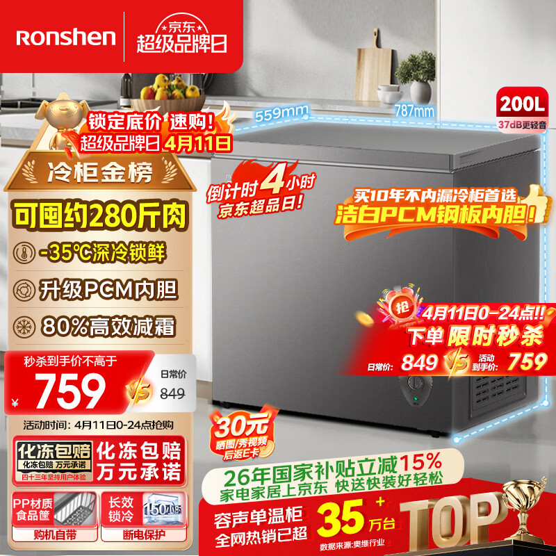 容声（Ronshen）200L单温家用冰柜小型冷柜减霜80%一级能效深冷-35℃冷藏冷冻两用BD/BC-200ZMSA国家补贴