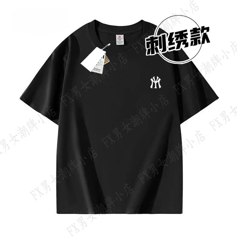 重磅纯棉短袖t恤男女亲子夏季圆领宽松休闲潮牌ins设计小众上衣女 M801-刺绣款黑色 3XL