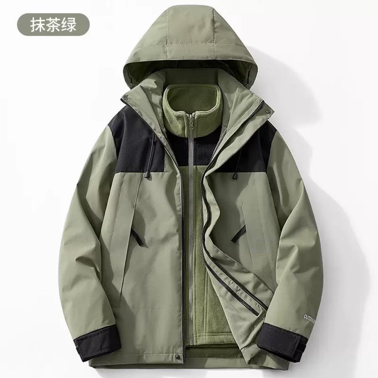 绿蜜蜂户外冲锋衣三合一防风防水女款抓绒内胆两件套加厚保暖登山服男士 黑色三合一 XXXL