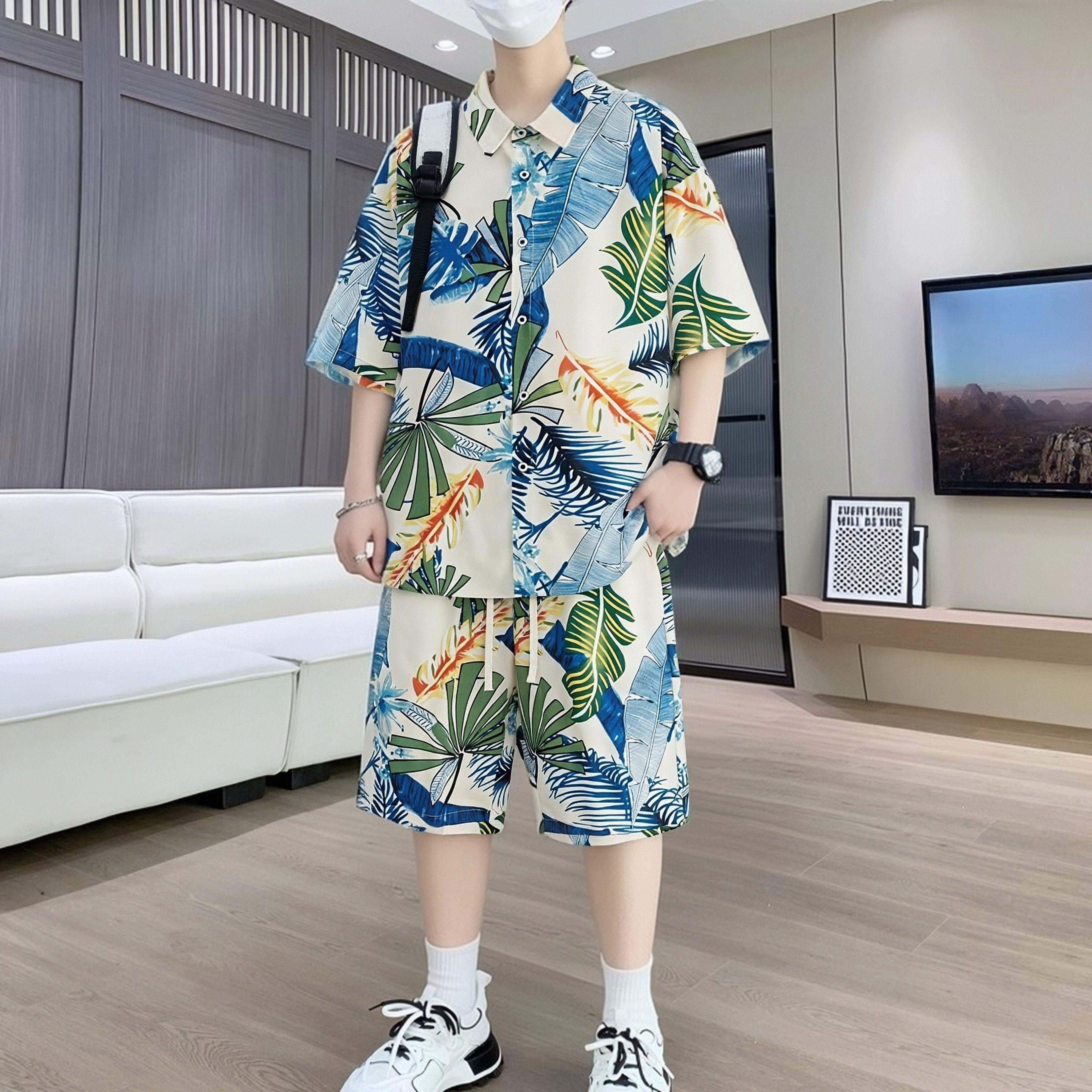 潮衫酷冰丝花衬衫套装男夏季休闲宽松大码沙滩潮流短袖短裤一套帅气搭配 蓝色套装 M 建议85-100斤