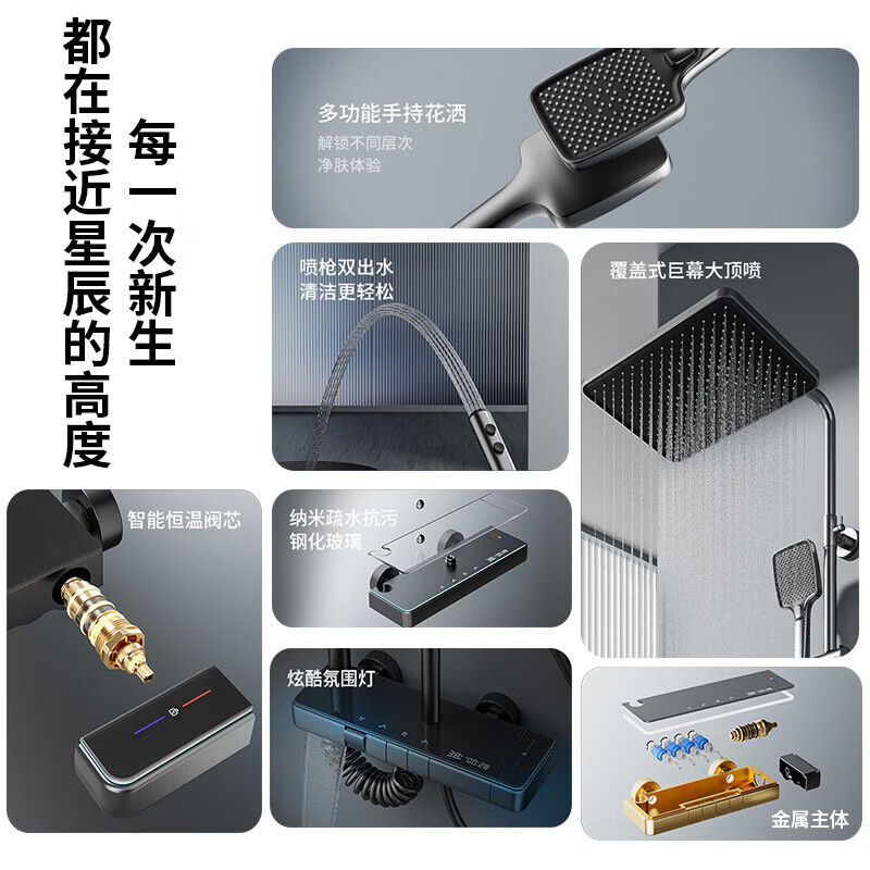 九牧(JOMOO)淋浴花洒套装全铜钢琴恒温数显花洒家用增压喷头淋浴器淋雨自洁 L12-枪灰色【恒温款】旗舰新款,环绕氛围灯