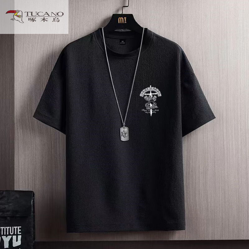 啄木鸟（TUCANO）冰丝短袖t恤男士新中式印花大尺码男装夏季胖子冰丝速干 干白色T 991黑色(双手合十) S 75-90斤